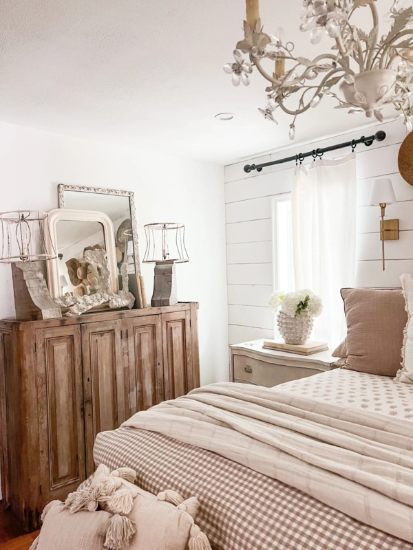 Bedroom with Weathered Wood Dresser and Gingham Bedding
