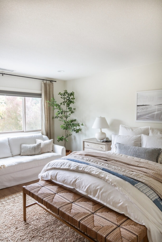 Bedroom with Woven Diamond Bench and Loveseat Layout Ideas