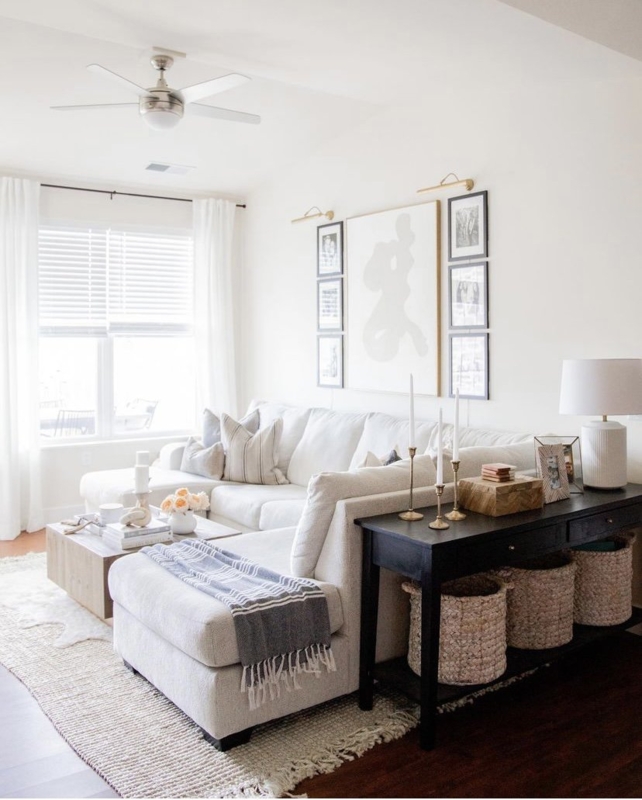 Behind the Sofa Console Styling in a Neutral Apartment Living Room