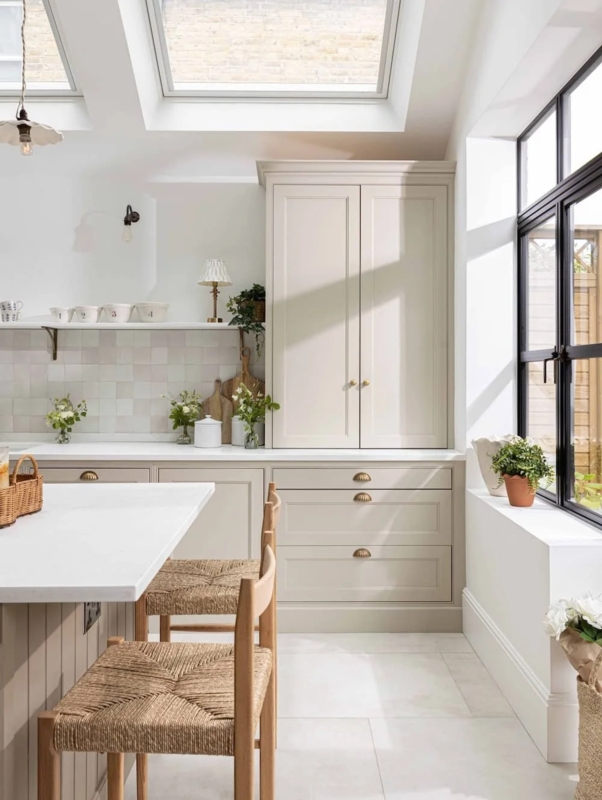 Beige Kitchen with Shaker Cabinetry and Woven Rush Stools
