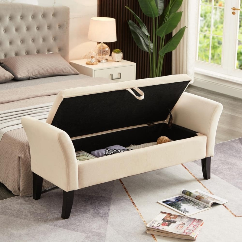 Beige Velvet Lift Top Storage Bench with Flared Arms