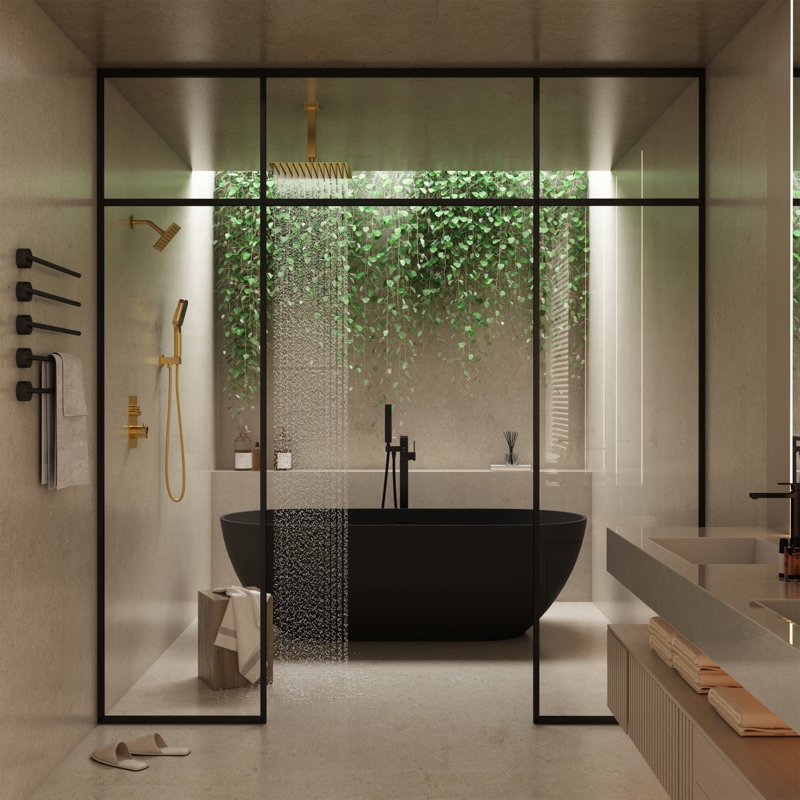 Biophilic Bathroom Interior with Living Plant Wall & Black Tub