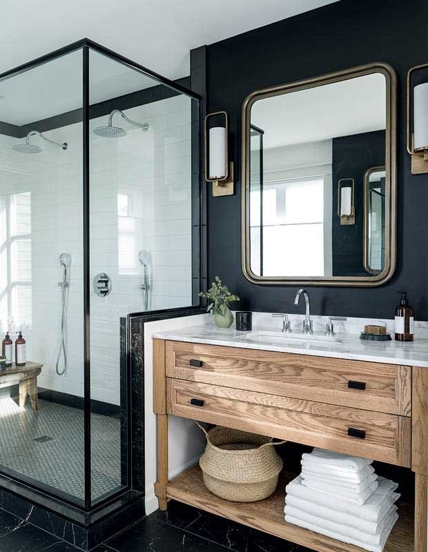 Black Accent Wall Bathroom Ideas with Modern Rustic Wood Vanity