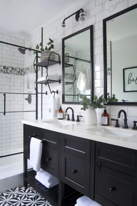 Black and White Bathroom Design with Geometric Floor Tile