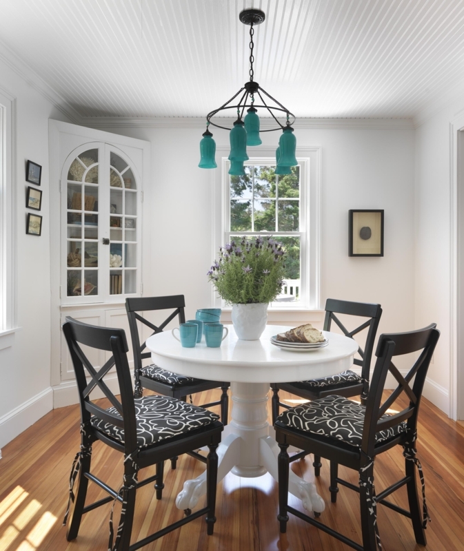 Black and White Nook with Teal Glass Shades Chandelier