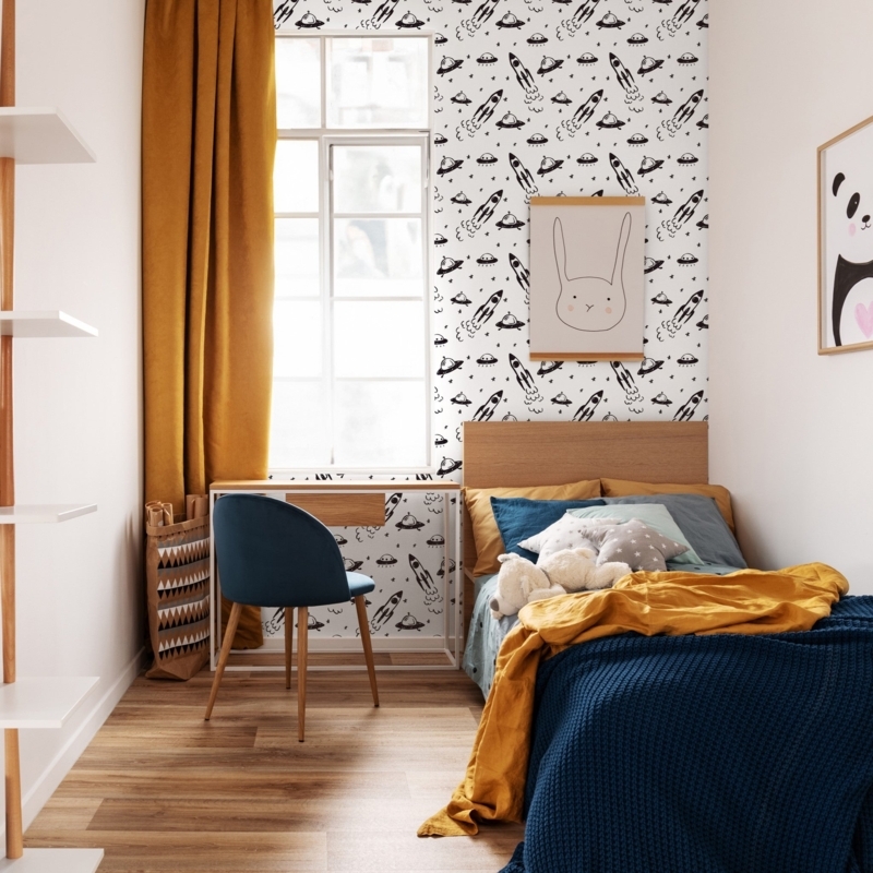 Black and White Rocket Wallpaper in Modern Kids Bedroom