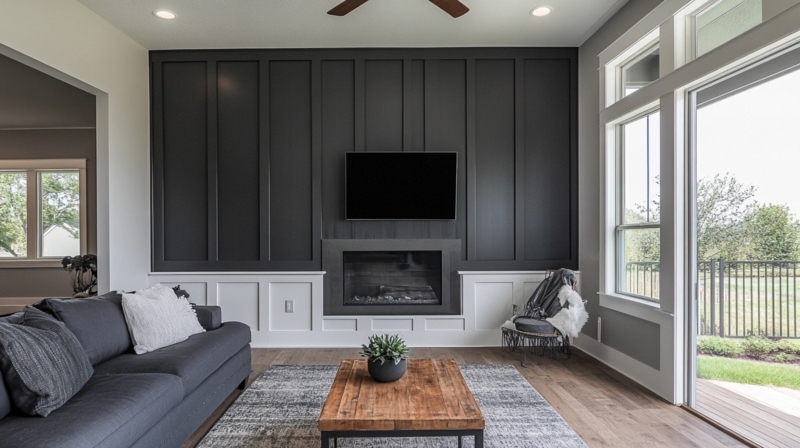 Black Board and Batten Accent Wall: Two Tone Living Room Paneling Design