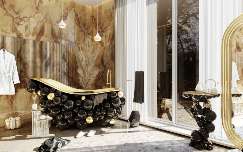 Black Bubble Texture Bathtub with Gold Rim against Marble Slab Walls