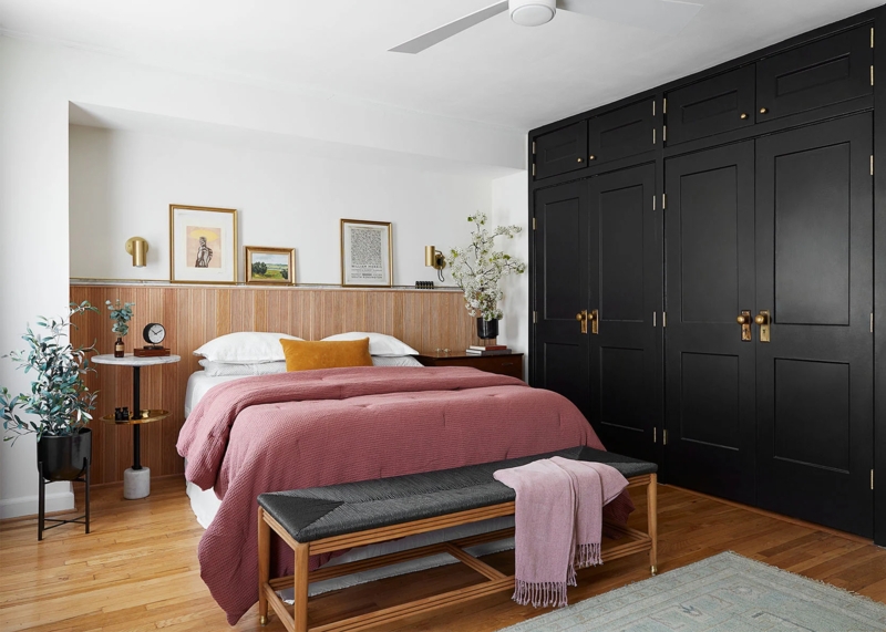 Black Built-in Bedroom Wardrobes with Vertical Wood Slat Wall Feature