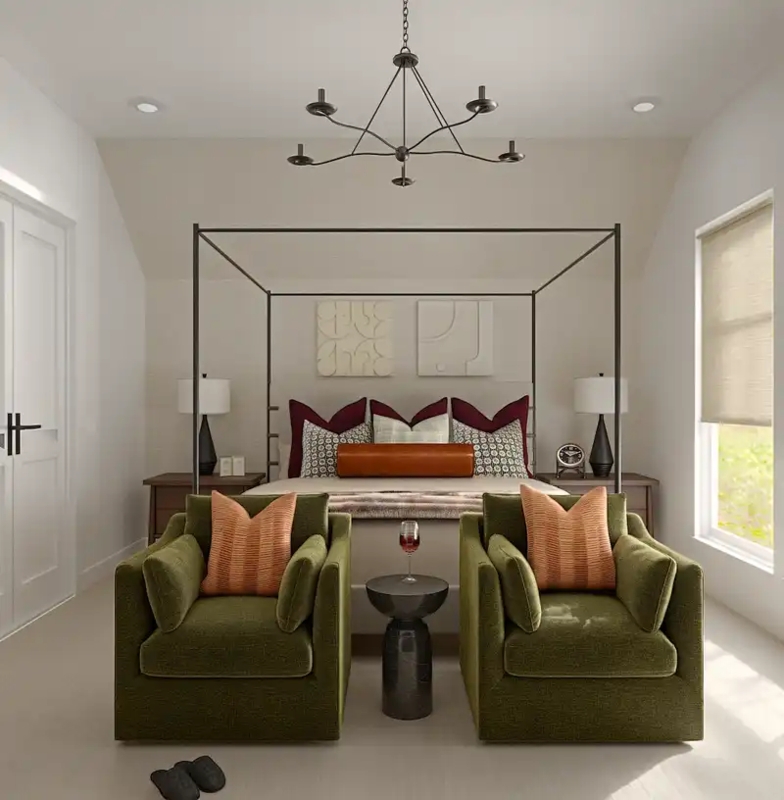Black Canopy Bed with Olive Green Velvet Seating and Vaulted Ceiling