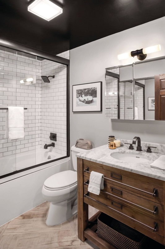 Black Ceiling Bathroom Layout with Modern Rustic Wood Vanity