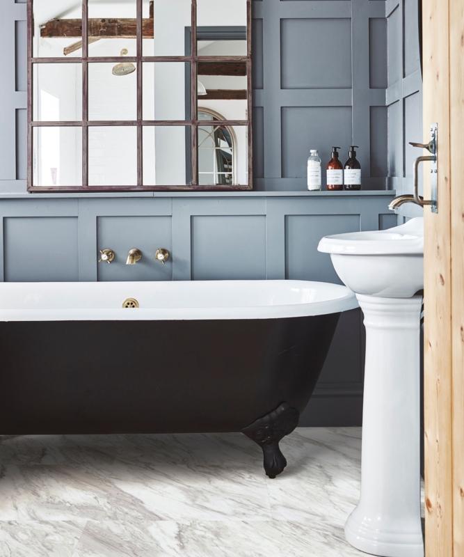 Black Clawfoot Bathtub with Charcoal Gray Paneling