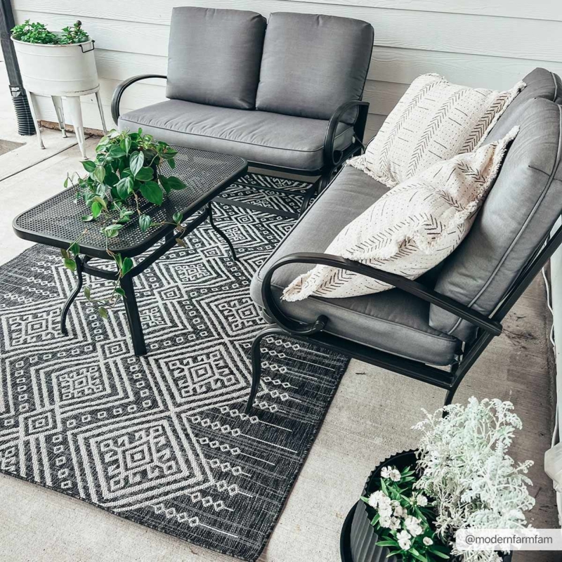 Black Cream Area Rug Boho Geometric Modern Farmhouse Deck