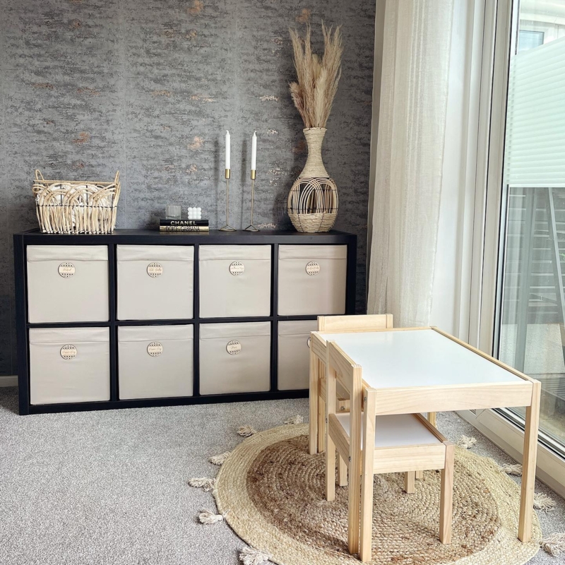Black Cube Storage Unit with Beige Fabric Bins and Scandinavian Style