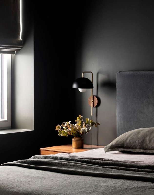 Black Dome Shade Wall Sconce Moody Bedroom with Dark Walls Brass