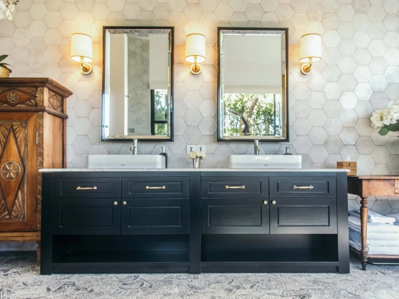 Black Double Vanity with Hexagon Tile Accent Wall Bathroom