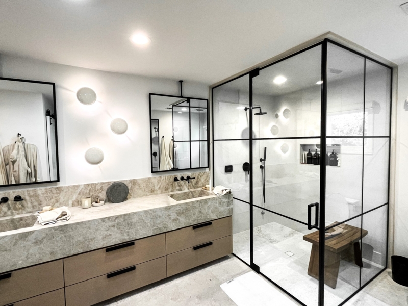 Black Grid Glass Shower Enclosure, Integrated Stone Vanity Sink
