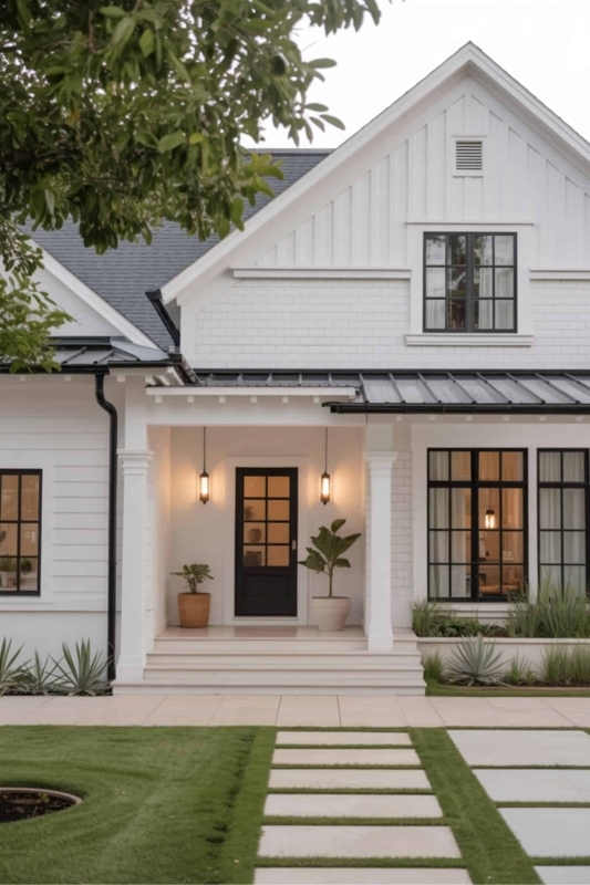 Black Grid Window Design on White Board and Batten Exterior