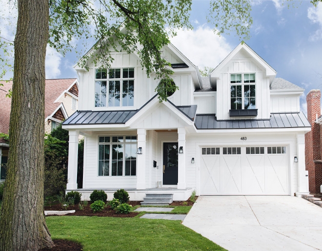 Black Metal Roof Curb Appeal on White Board and Batten House