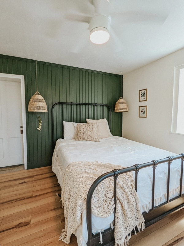 Black Metal Spindle Bed with Forest Green Shiplap and Woven Pendants