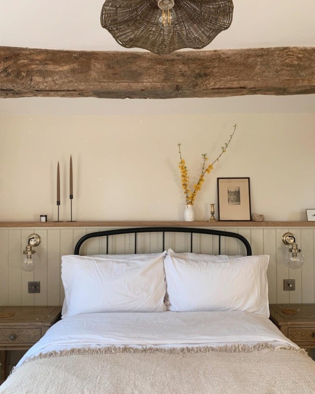 Black Metal Spindle Bed with Scalloped Wicker Pendant Light