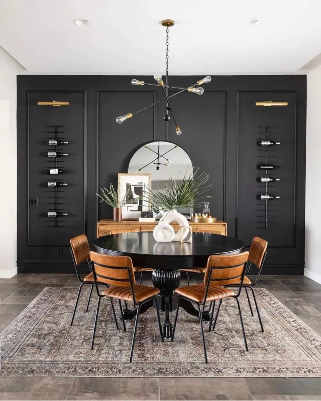 Black Paneled Accent Wall Ideas featuring Integrated Wine Rack
