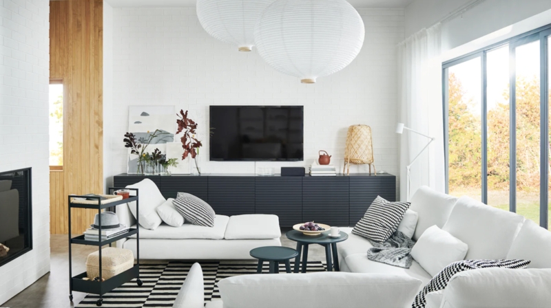 Black Slatted Media Console & Oversized Globe Pendant Lights