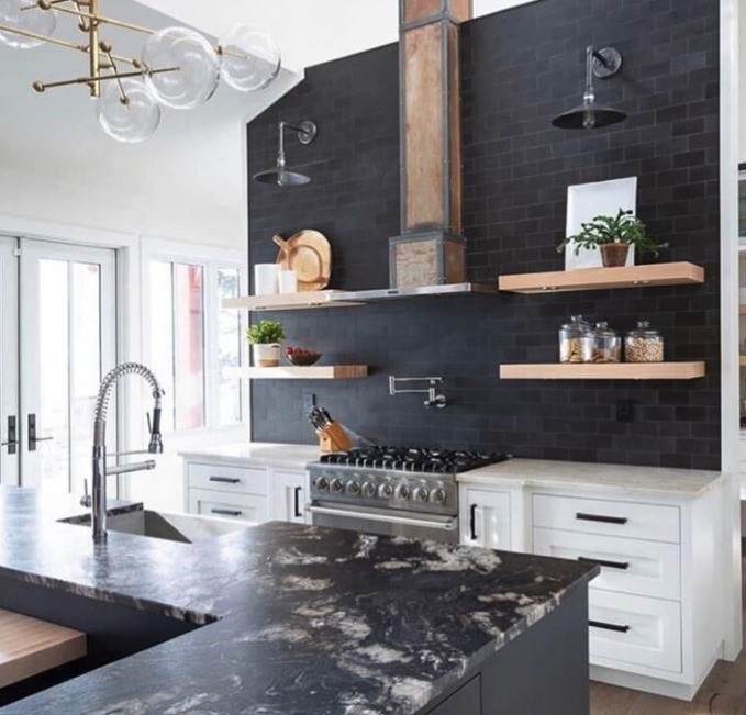 Black Tile Kitchen Accent Wall with Industrial Custom Wood Hood