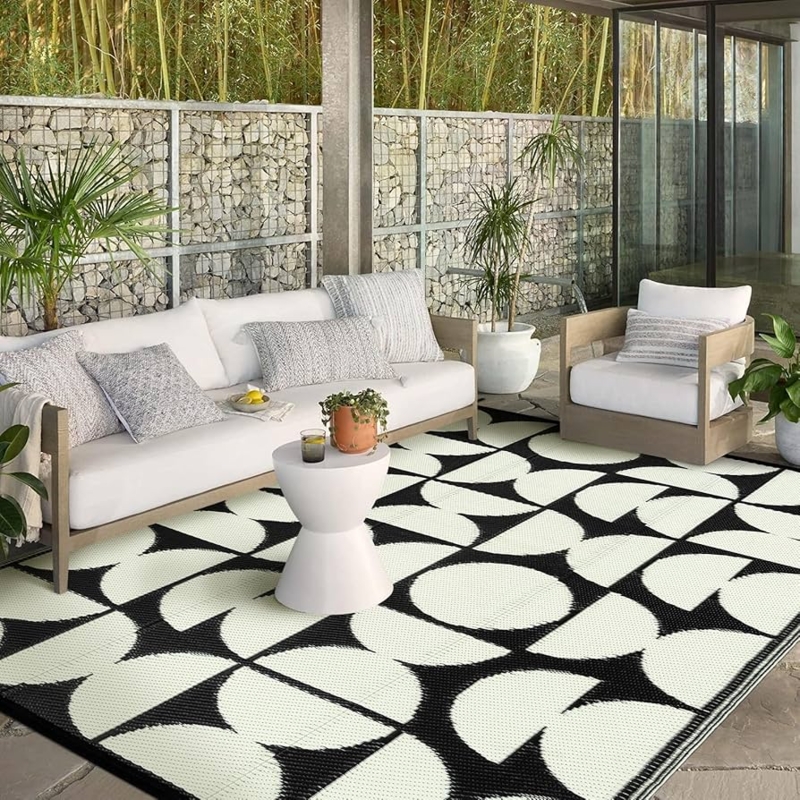 Black White Area Rug Tribal Diamond Reversible Bohemian Patio Decor
