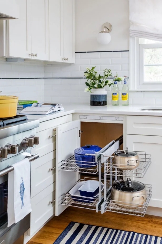 Blind Corner Pull-Out Organizer with Tiered Wire Shelving & Power Strip