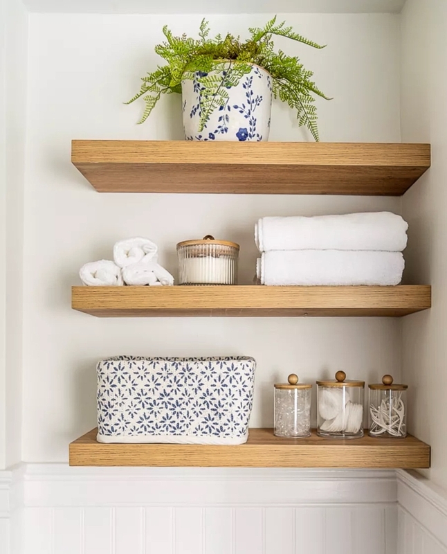 Blue and White Bathroom Styling: Thick Wood Floating Shelves