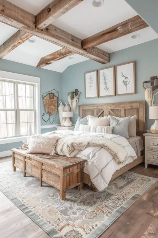 Blue And Wood Bedroom Palette With Vintage Storage Bench Trunk