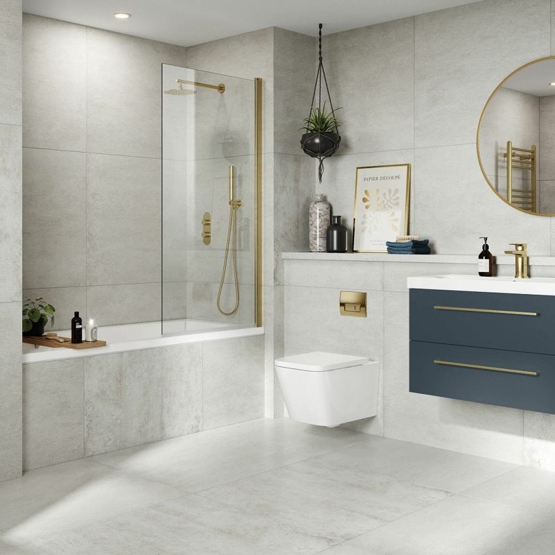 Blue Bathroom Brushed Gold Fixtures, Navy Blue Vanity. Floating Vanity Design.