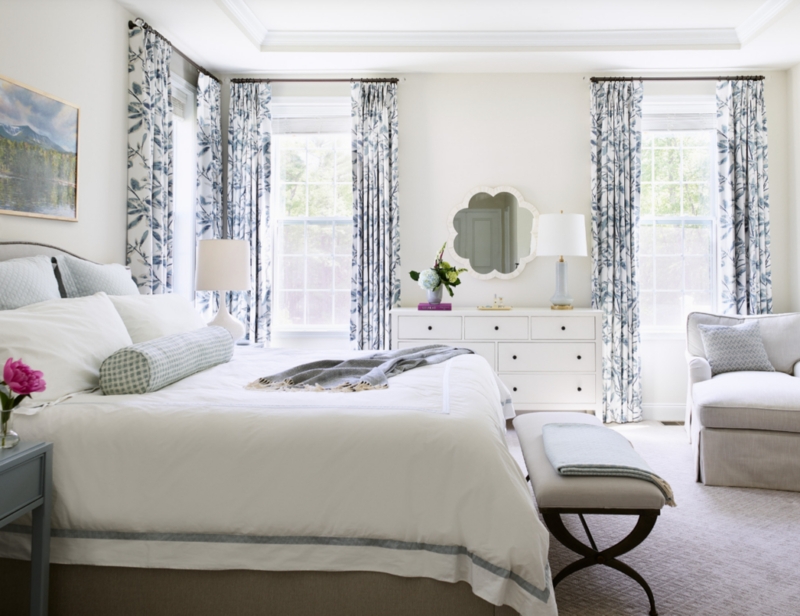 Blue Botanical Curtains with Scalloped Mirror Master Bedroom Ideas