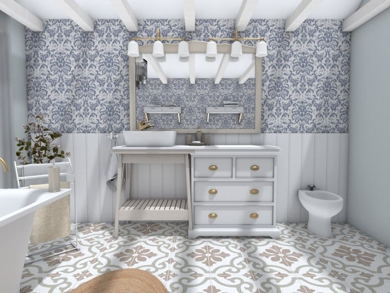 Blue Damask Bathroom Wallpaper with Vessel Sink Vanity
