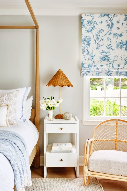 Blue Floral Roman Shade with Scalloped Wicker Lamp Styling