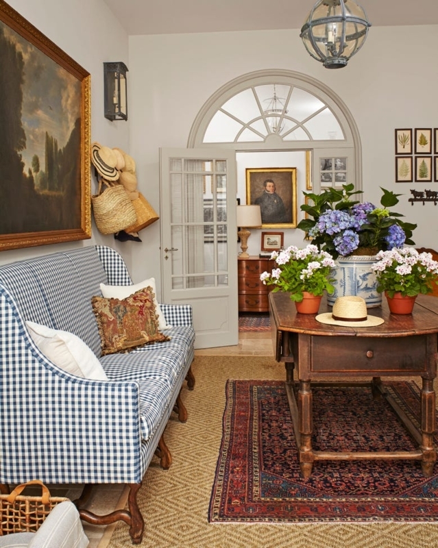 Blue Gingham Settee Entryway Ideas with French Country Center Table