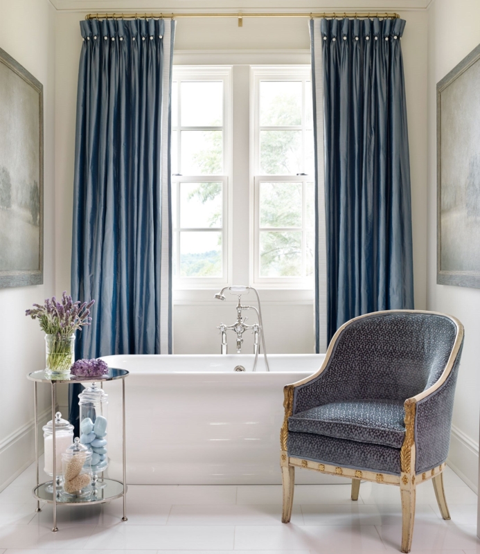 Blue Goblet Pleat Drapes with Animal Print Accent Chair