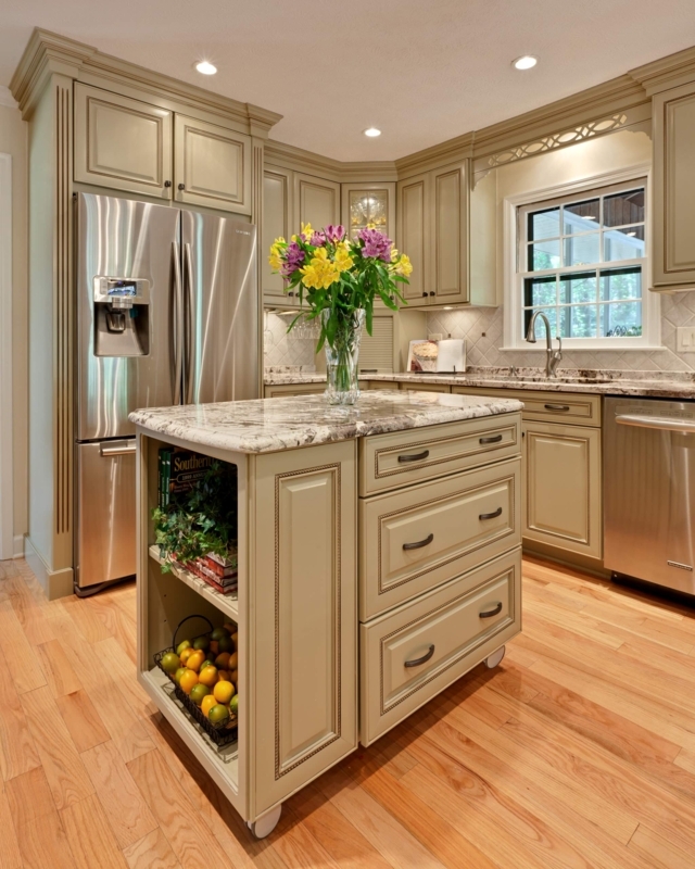 Blue Kitchen Island with Wood Top and Globe Pendant Lighting