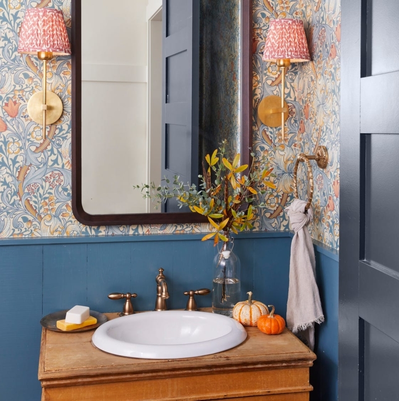 Blue Wainscoting & Floral Wallpaper in Powder Room Design