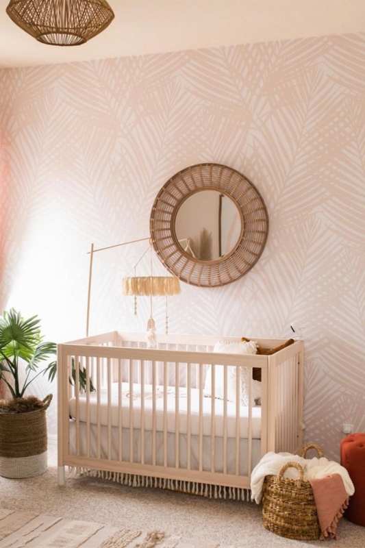 Blush Palm Leaf Wallpaper Nursery with Light Wood Spindle Crib