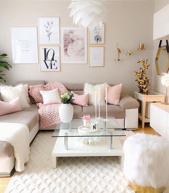 Blush Pink Living Room Decor featuring a Tiered Glass Coffee Table