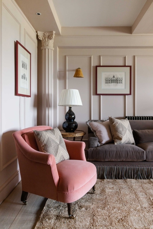 Blush Pink Velvet Accent Chair in a Traditional Living Room