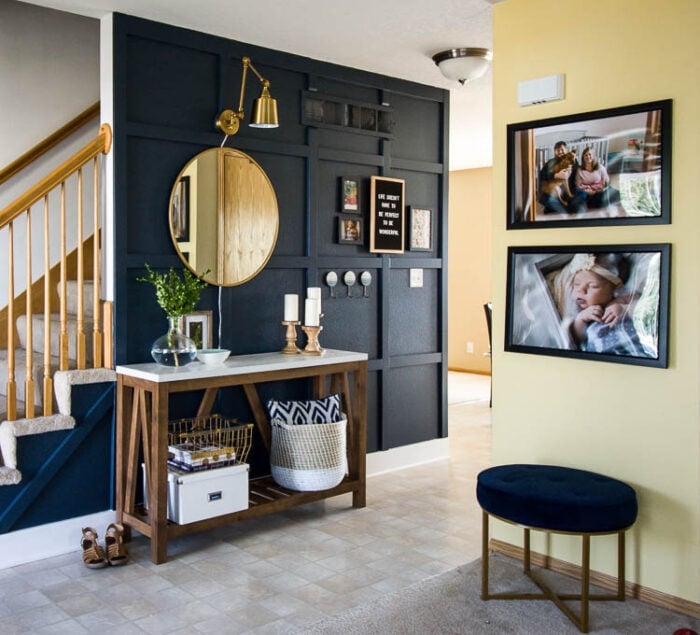 Board and Batten Wall Design Entryway: White Topped Console Table