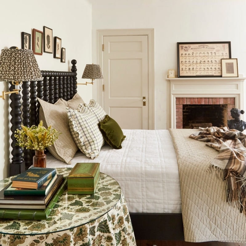Bobbin Headboard Styling Ideas with Layered Patterns and Brick Fireplace