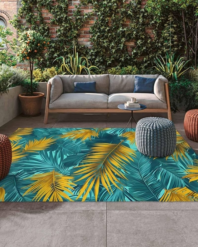 Bohemian Area Rug Oversized Palm Print Summery Yellow Deck