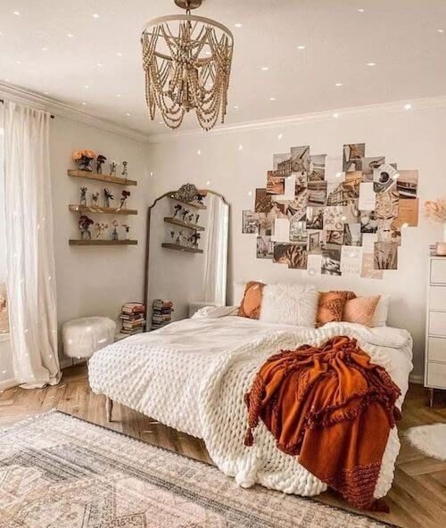 Bohemian Bedroom with Beaded Chandelier, Starry Ceiling, Rust Accents