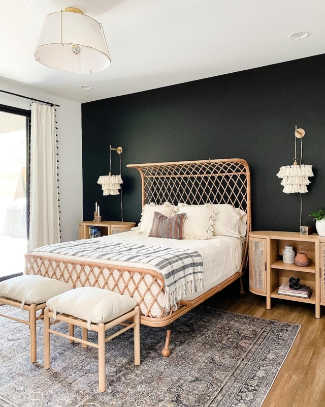 Bohemian Bedroom with Lattice Rattan Bed Frame and Black Accent Wall