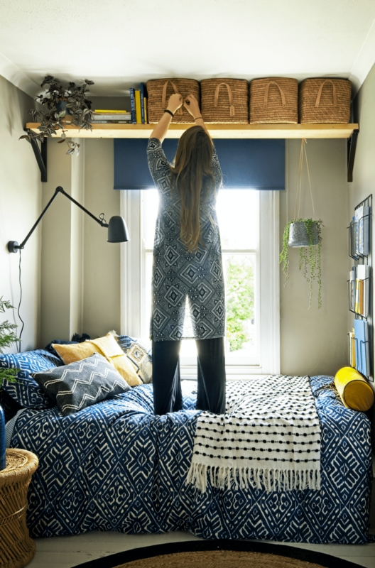 Bohemian High Shelf Bedroom Storage Ideas With Woven Baskets