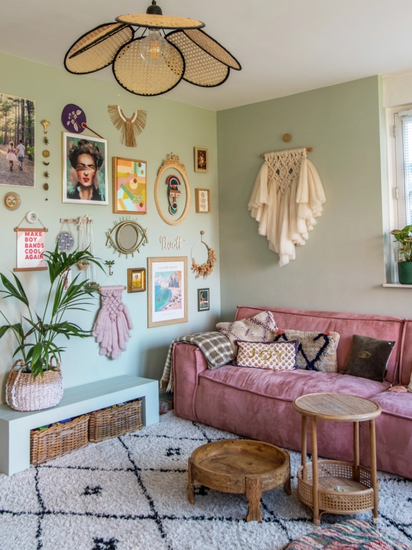 Bohemian Living Room featuring Pink Sofa and Sage Green Walls